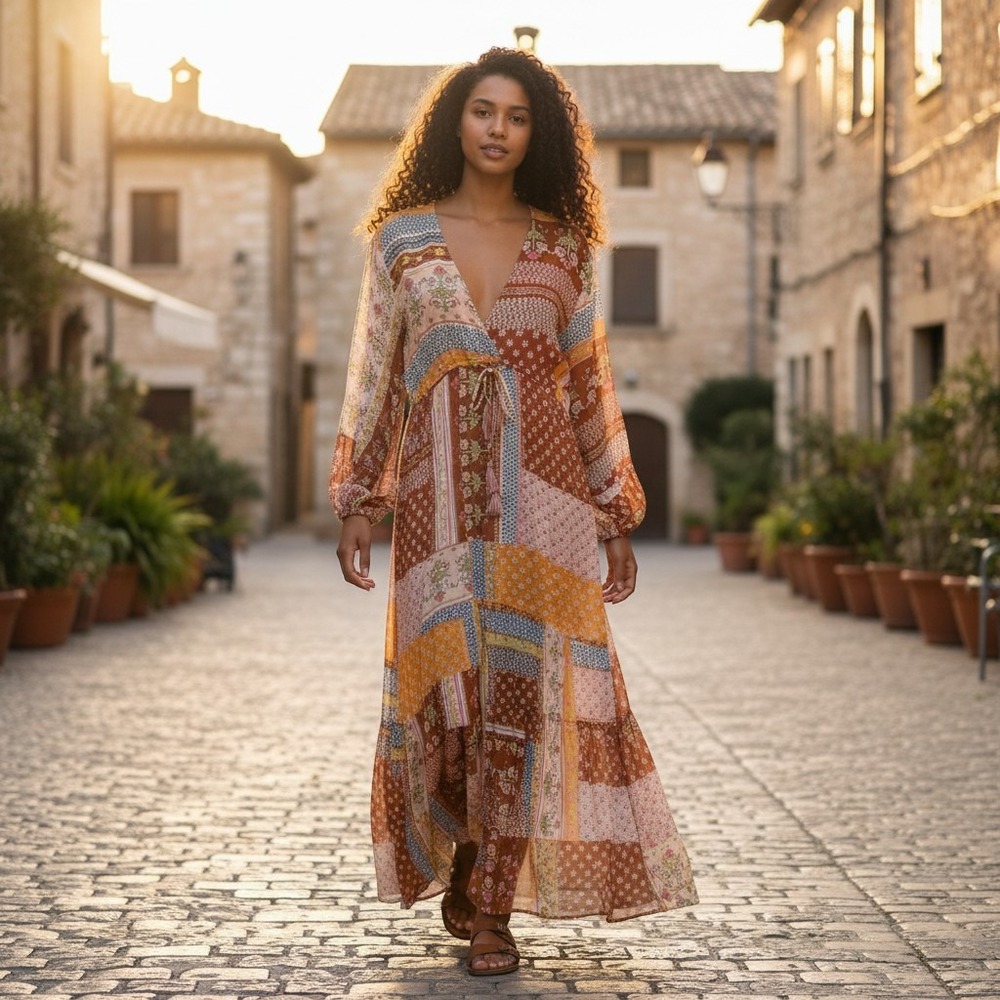 Raga Maxi Dress Medium Orange Multicolor New Patchwork Boho V-Neck Tassel R4312